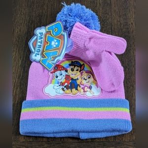 Paw Patrol Nickelodeon Toddler Girls Pom Pom Beanie Winter Hat & Mittens Set
